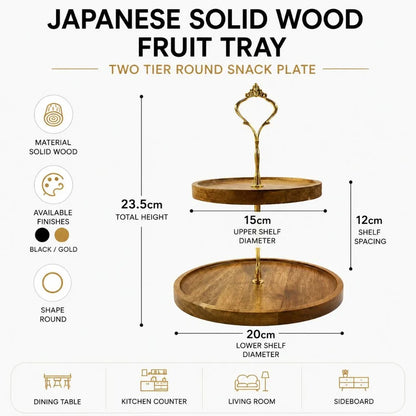 Japanese Solid Wood Fruit Tray Two Tier Round Snack Plate