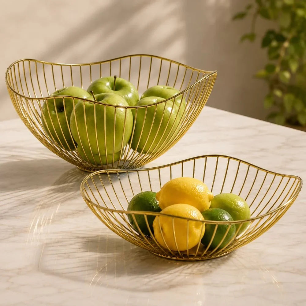 Metal Wire Fruit Basket Set - Round and Oval Kitchen Storage Bowl