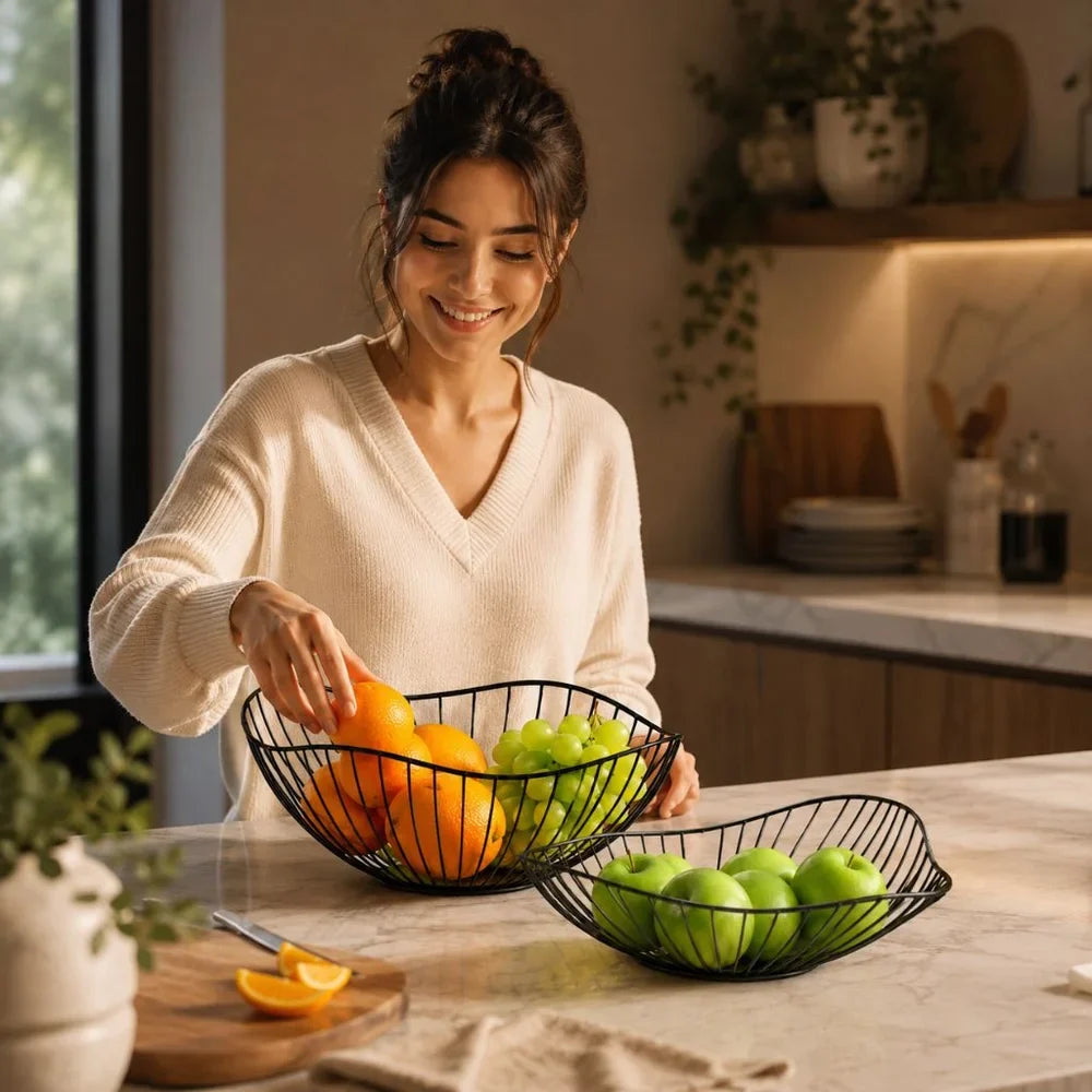 Metal Wire Fruit Basket Set - Round and Oval Kitchen Storage Bowl
