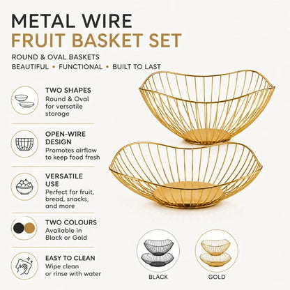 Metal Wire Fruit Basket Set - Round and Oval Kitchen Storage Bowl