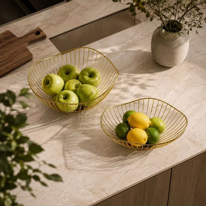 Metal Wire Fruit Basket Set - Round and Oval Kitchen Storage Bowl