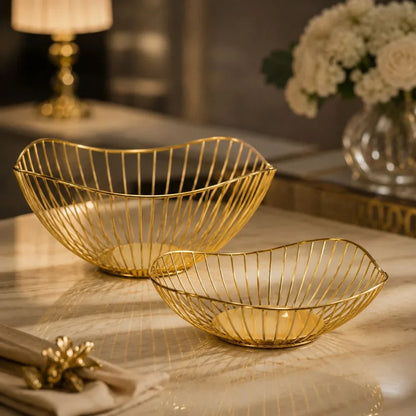 Metal Wire Fruit Basket Set - Round and Oval Kitchen Storage Bowl