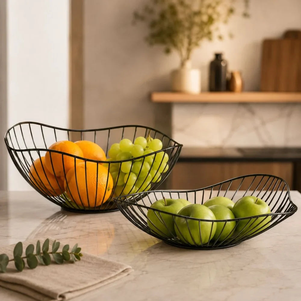 Metal Wire Fruit Basket Set - Round and Oval Kitchen Storage Bowl