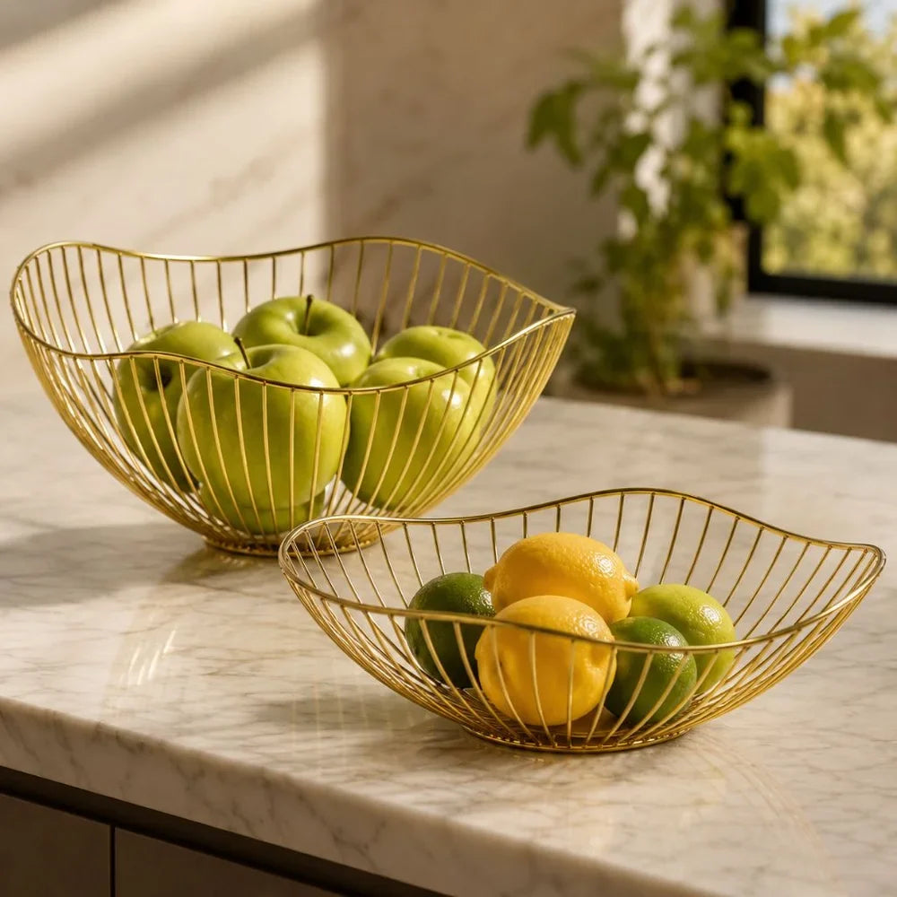 Metal Wire Fruit Basket Set - Round and Oval Kitchen Storage Bowl