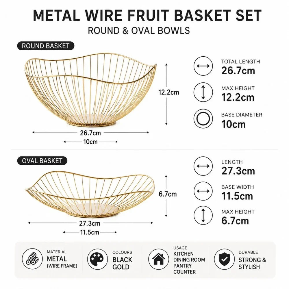 Metal Wire Fruit Basket Set - Round and Oval Kitchen Storage Bowl