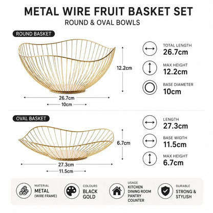 Metal Wire Fruit Basket Set - Round and Oval Kitchen Storage Bowl