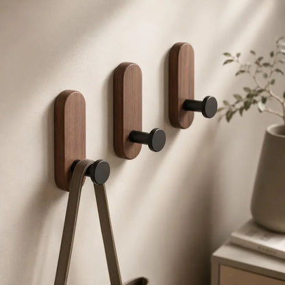 Nordic Walnut Wood Adhesive Wall Hooks - No Drill