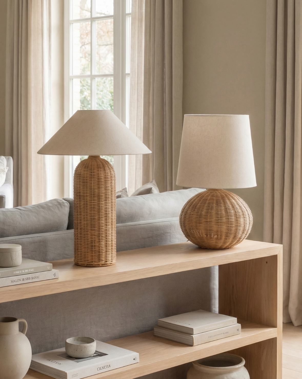 Wabi-Sabi Rattan Table Lamp – Hand-Woven Base with Fabric Shade - Cylinder