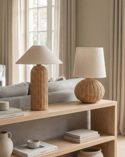 Wabi-Sabi Rattan Table Lamp – Hand-Woven Base with Fabric Shade - Cylinder