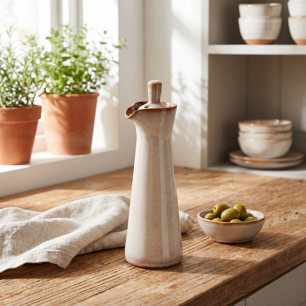 Run Glaze Ceramic Oil and Vinegar Dispenser, Stoneware, Pour Spout, Lid