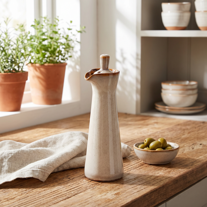 Run Glaze Ceramic Oil and Vinegar Dispenser, Stoneware, Pour Spout, Lid