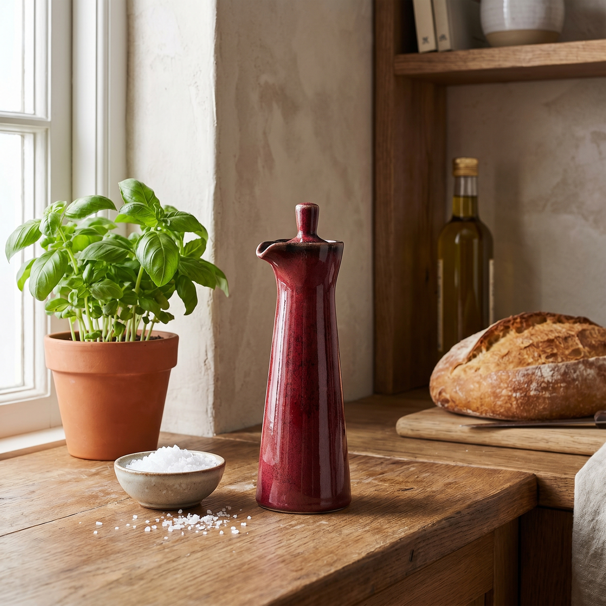 Run Glaze Ceramic Oil and Vinegar Dispenser, Stoneware, Pour Spout, Lid