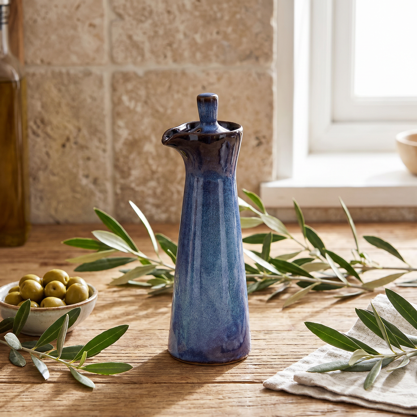 Run Glaze Ceramic Oil and Vinegar Dispenser, Stoneware, Pour Spout, Lid