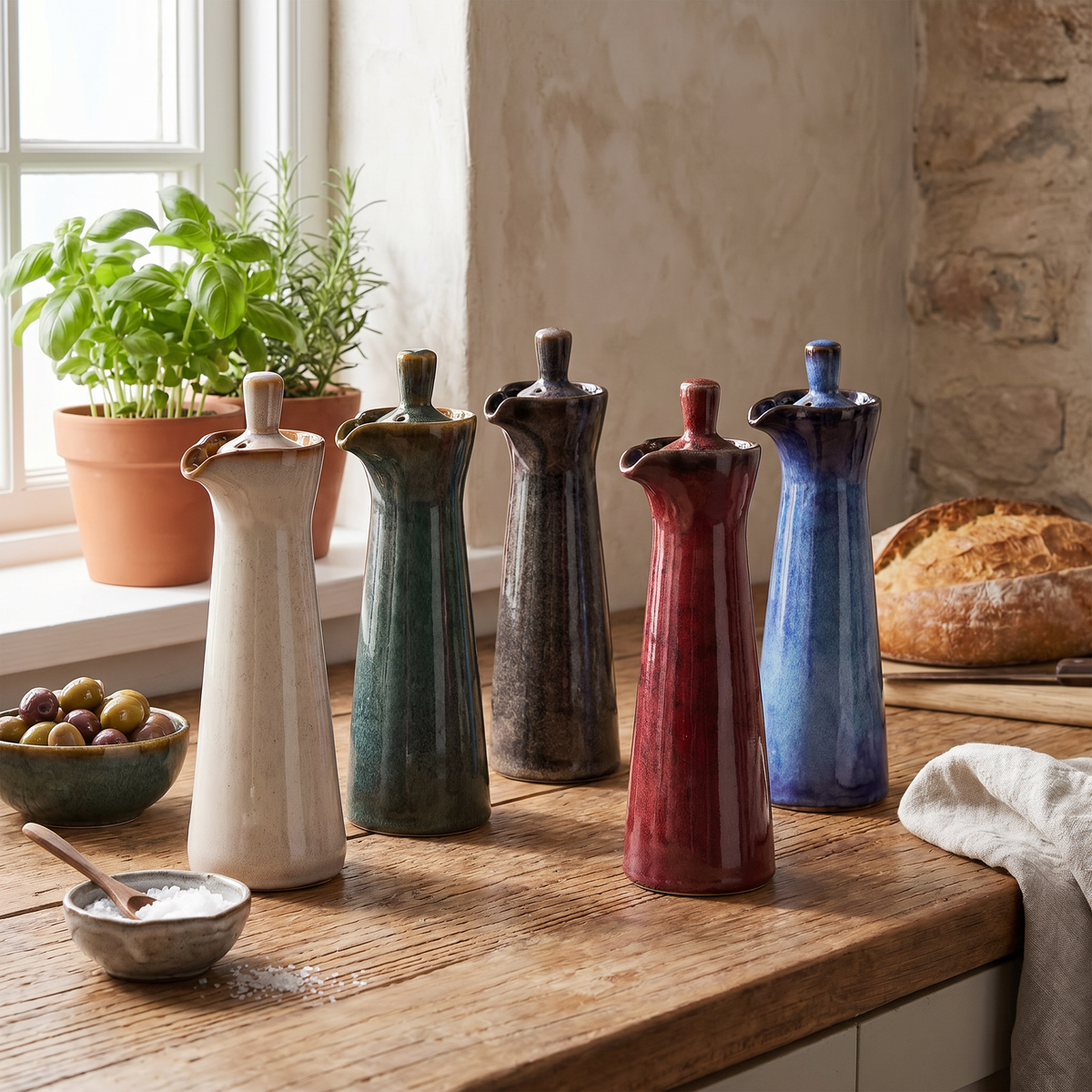 Run Glaze Ceramic Oil and Vinegar Dispenser, Stoneware, Pour Spout, Lid