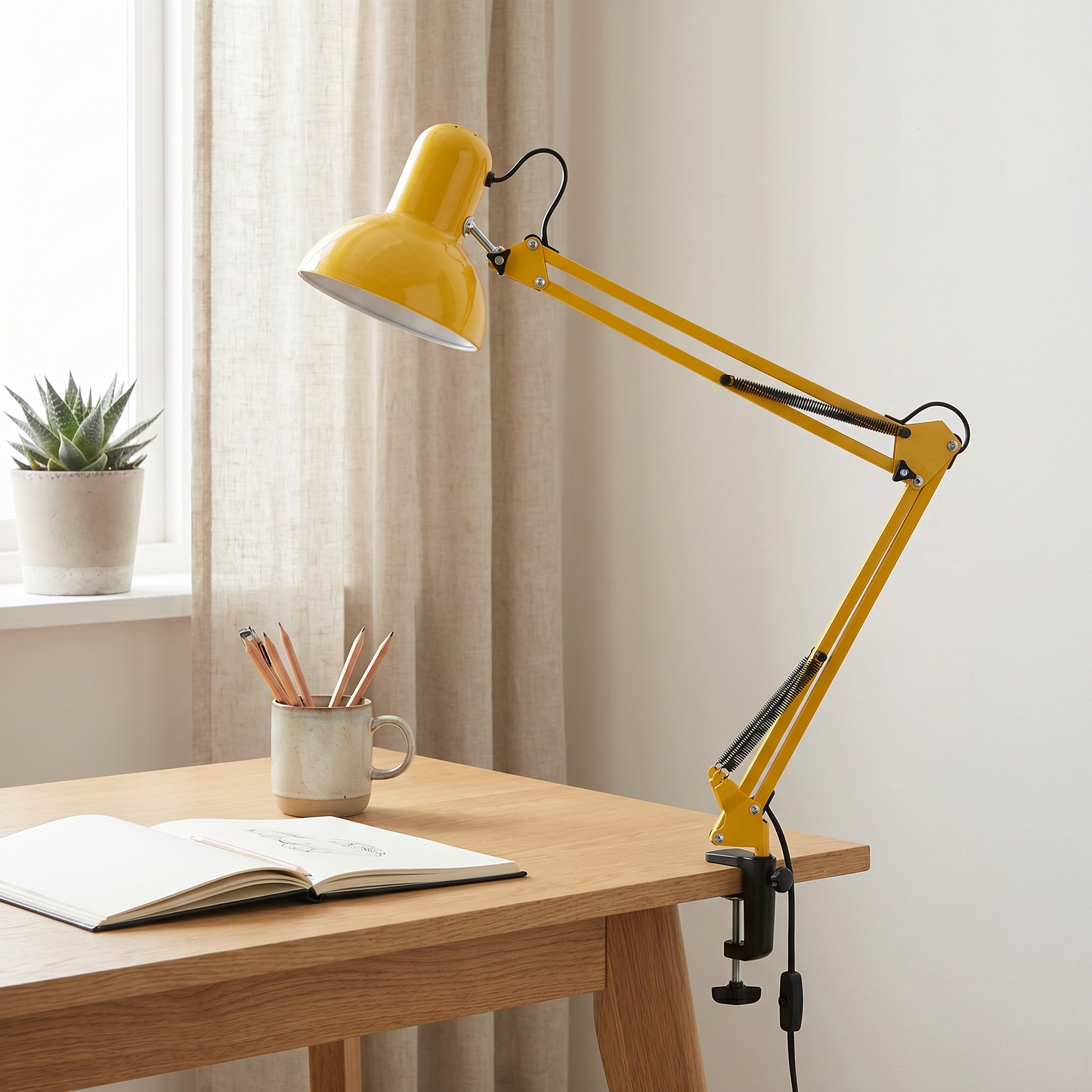 Retractable Long Arm Clip Table Lamp, 1-Light Minimalist