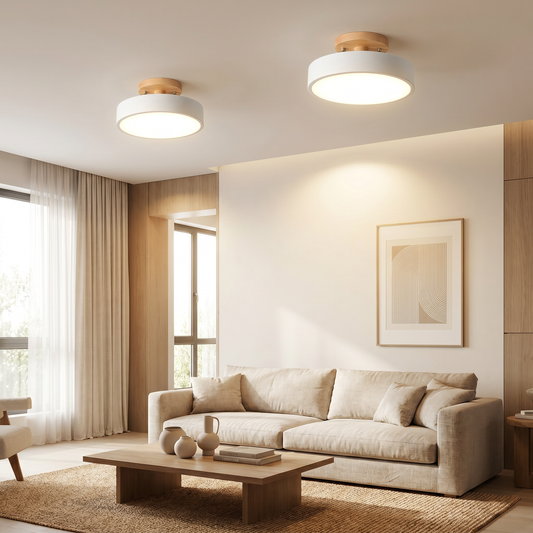 Round Wood LED Semi-Flush Ceiling Light, 3 Sizes, 5 Colors