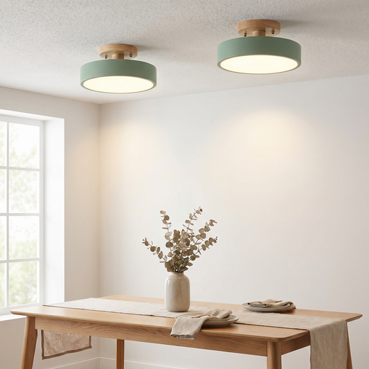 Round Wood LED Semi-Flush Ceiling Light, 3 Sizes, 5 Colors