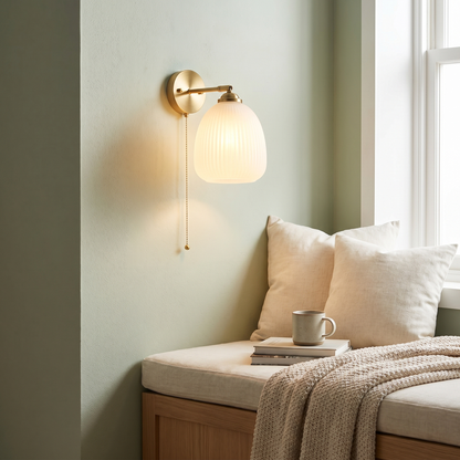 Striped Glass Brass Wall Sconce, Pull Cord, E26, Three Designs