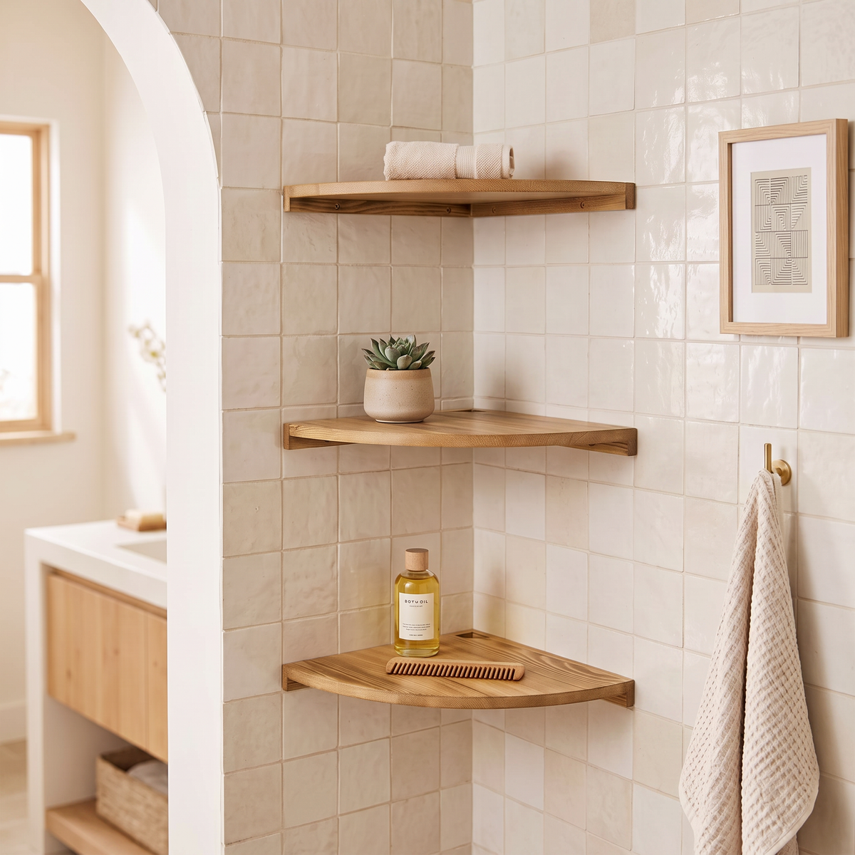 Timber Corner Floating Shelf, Solid Hardwood, Matte, Three Sizes, 15 lb