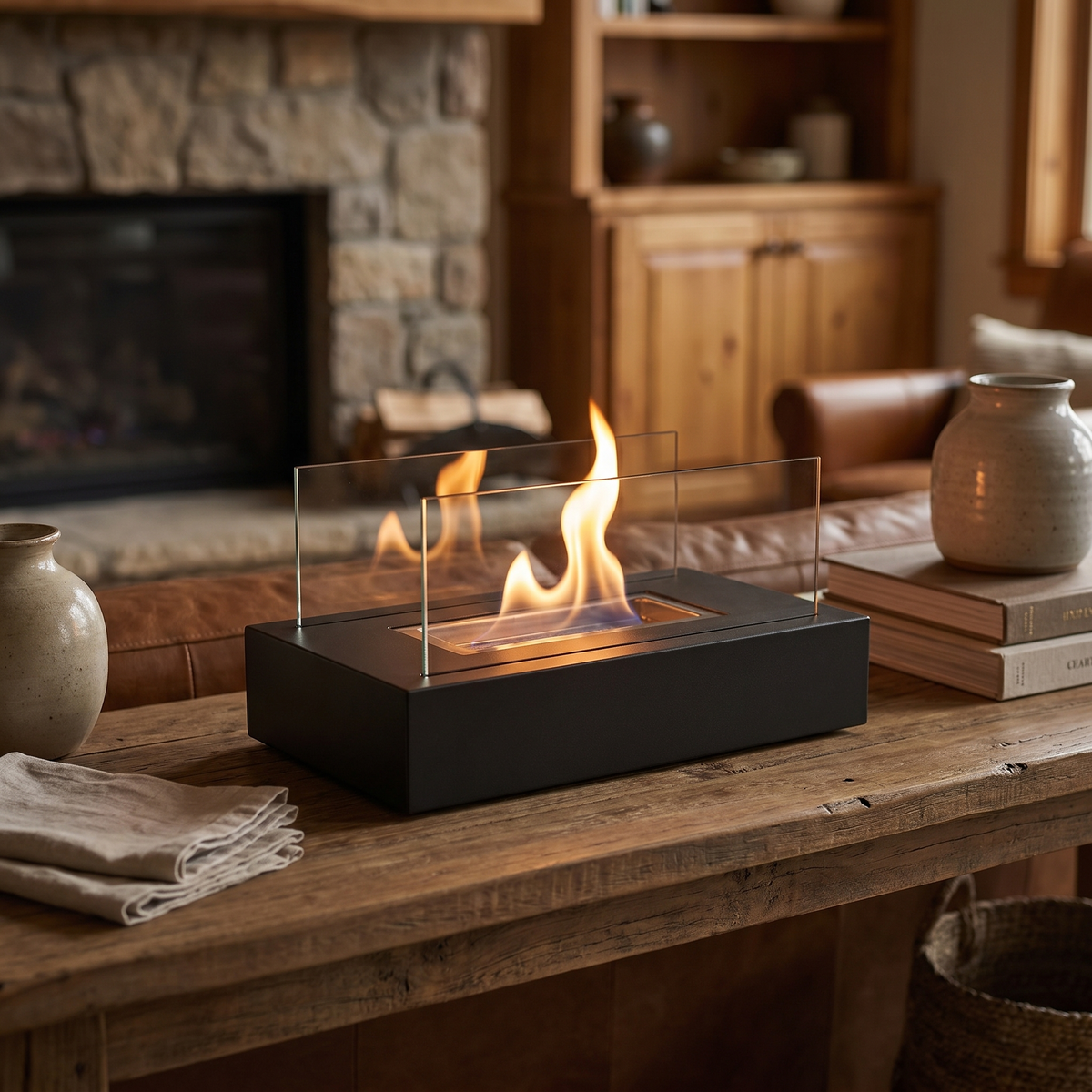 Tabletop Fireplace, Real Flame, Metal and Tempered Glass, Black or White