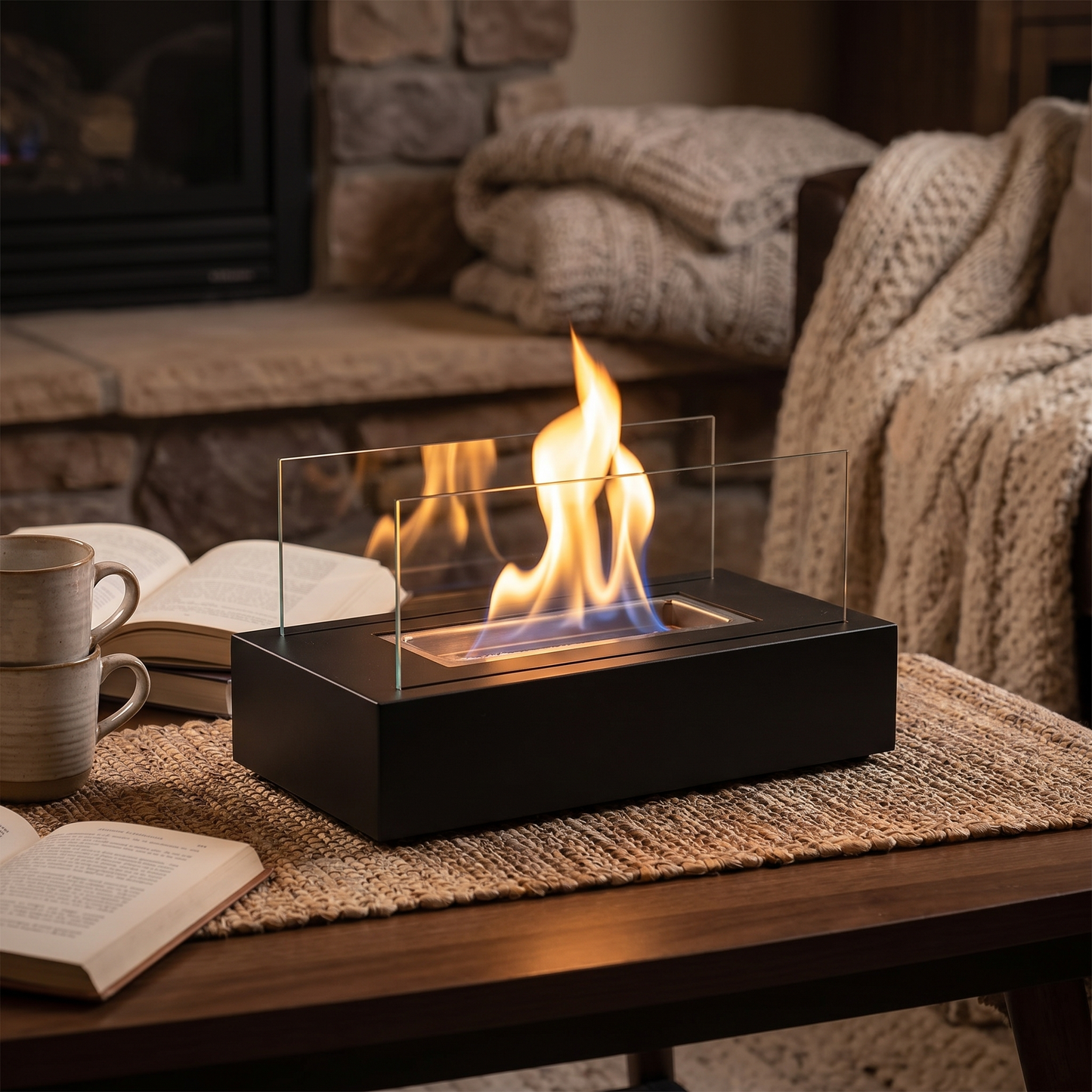 Tabletop Fireplace, Real Flame, Metal and Tempered Glass, Black or White