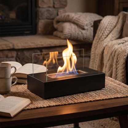 Tabletop Fireplace, Real Flame, Metal and Tempered Glass, Black or White