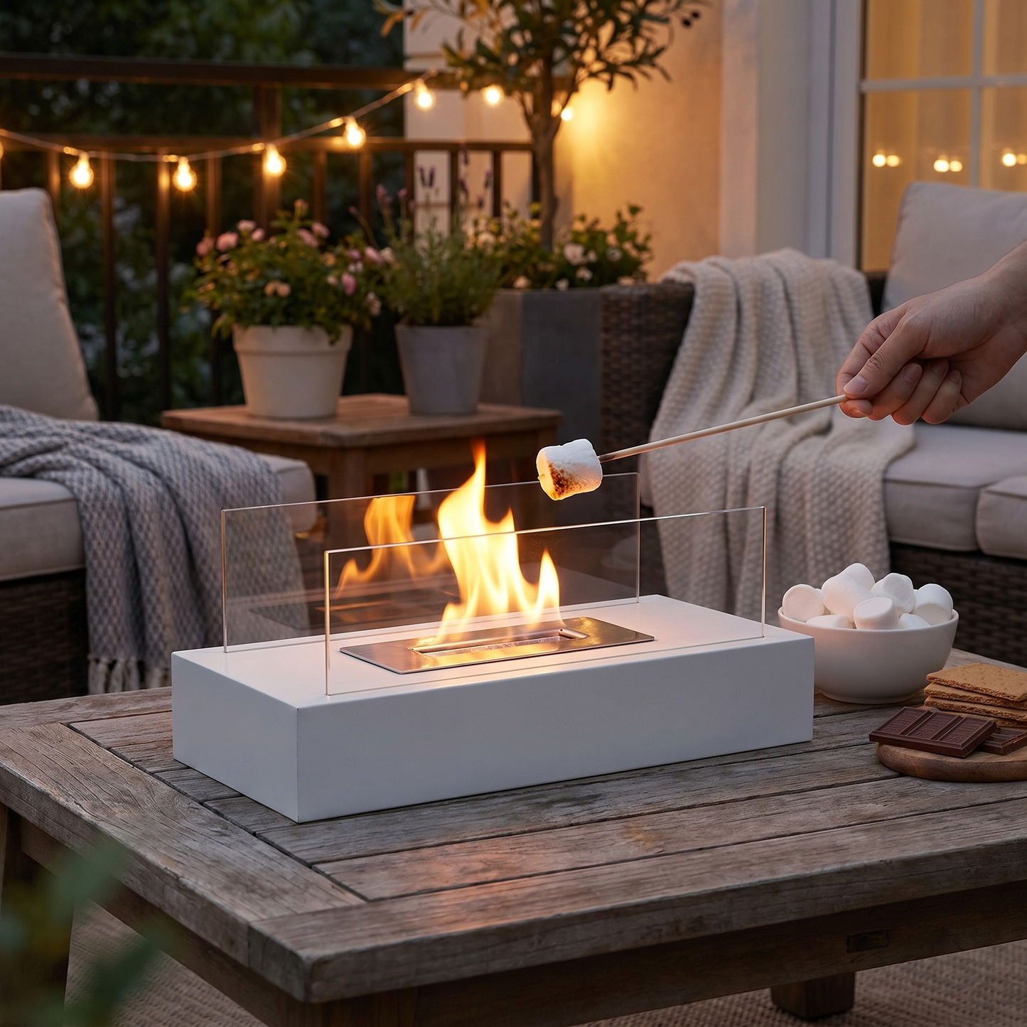 Tabletop Fireplace, Real Flame, Metal and Tempered Glass, Black or White