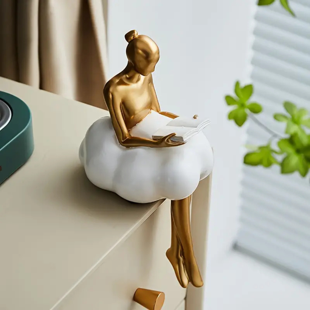 Decorative Resin Figurine of a Reading Figure on a Cloud, for Shelf and Desk