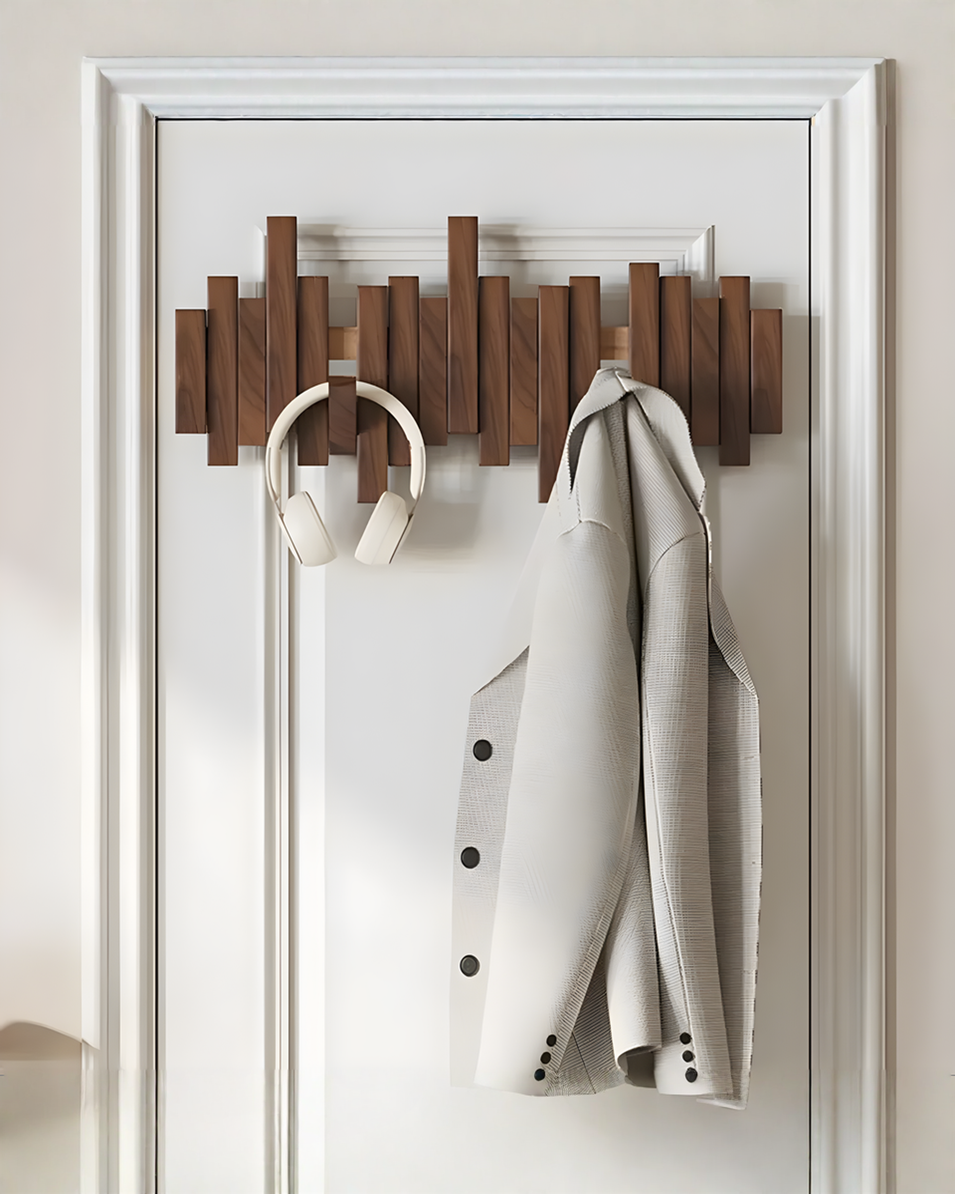 Wooden Wall Coat Rack with Folding Magnetic Hooks – Beech Wood, 3 to 10 Hooks - Walnut