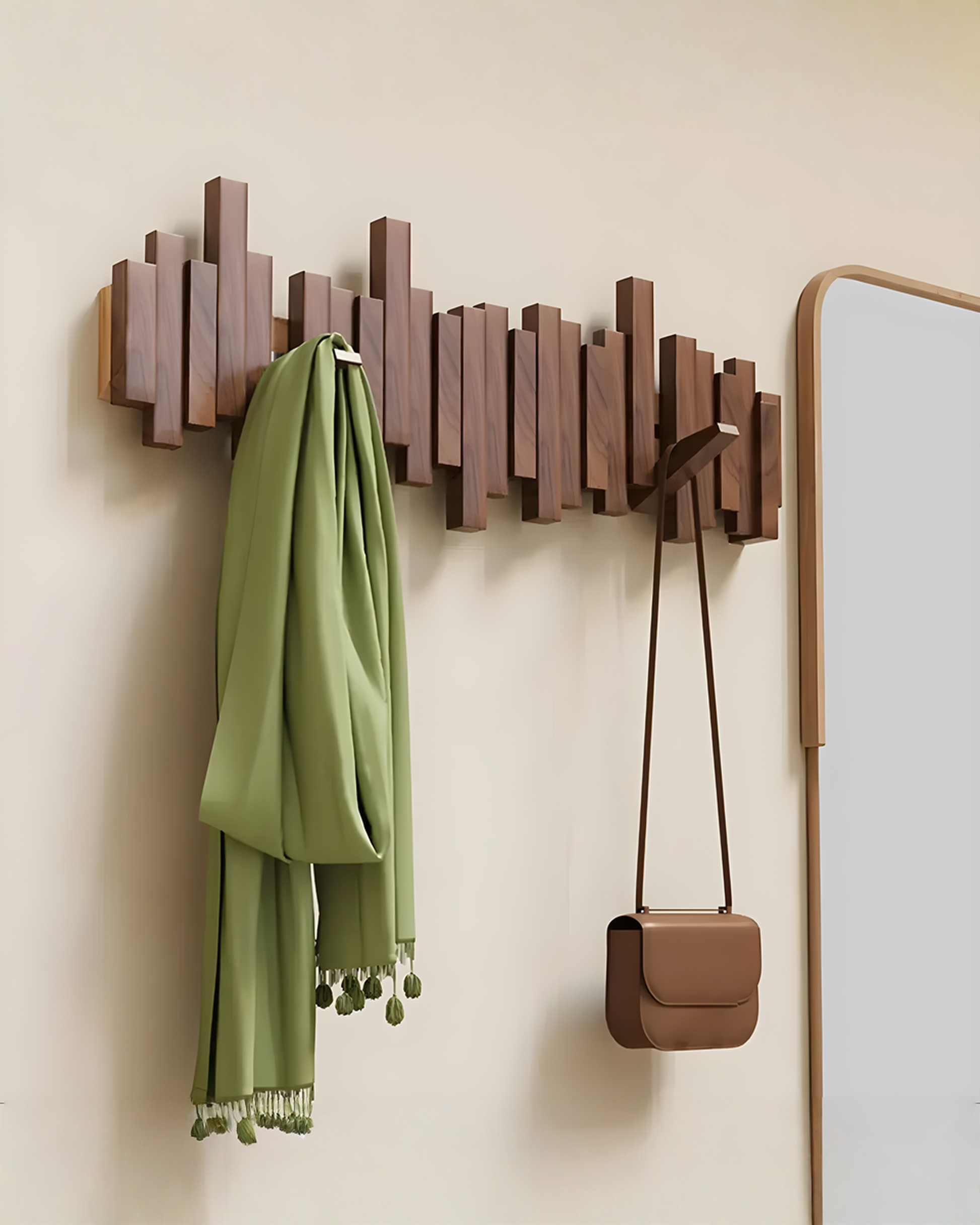 Wooden Wall Coat Rack with Folding Magnetic Hooks – Beech Wood, 3 to 10 Hooks - Natural