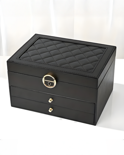 Sferica Jewelry Box Leather Multi-Layer - Black, Pink, Green, or White, 23 cm - Black