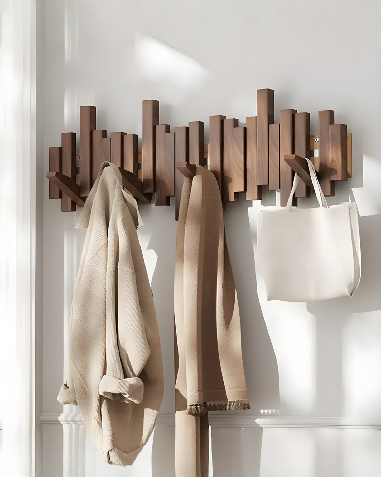 Wooden Wall Coat Rack with Folding Magnetic Hooks – Beech Wood, 3 to 10 Hooks - Black