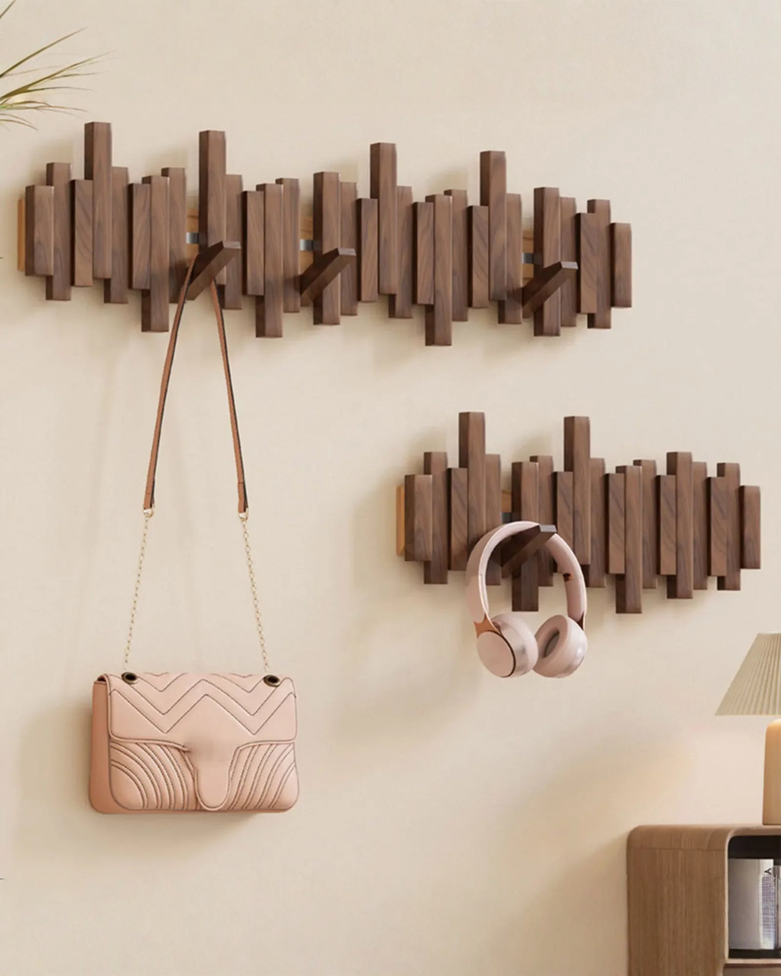 Wooden Wall Coat Rack with Folding Magnetic Hooks – Beech Wood, 3 to 10 Hooks - Natural