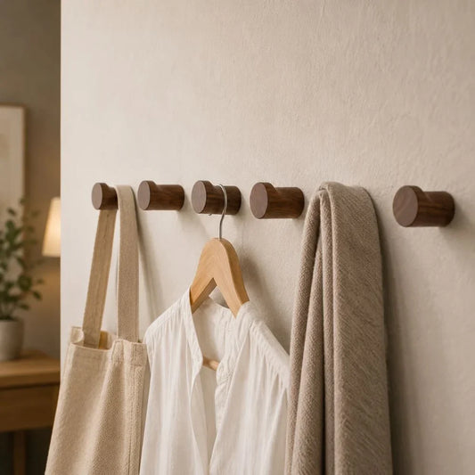 Walnut Wood Wall Hooks Set - Handcrafted Anti-Slip
