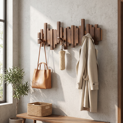 Wooden Wall Coat Rack, Magnetic Foldable Hooks, Keyhole Mount, Four Sizes