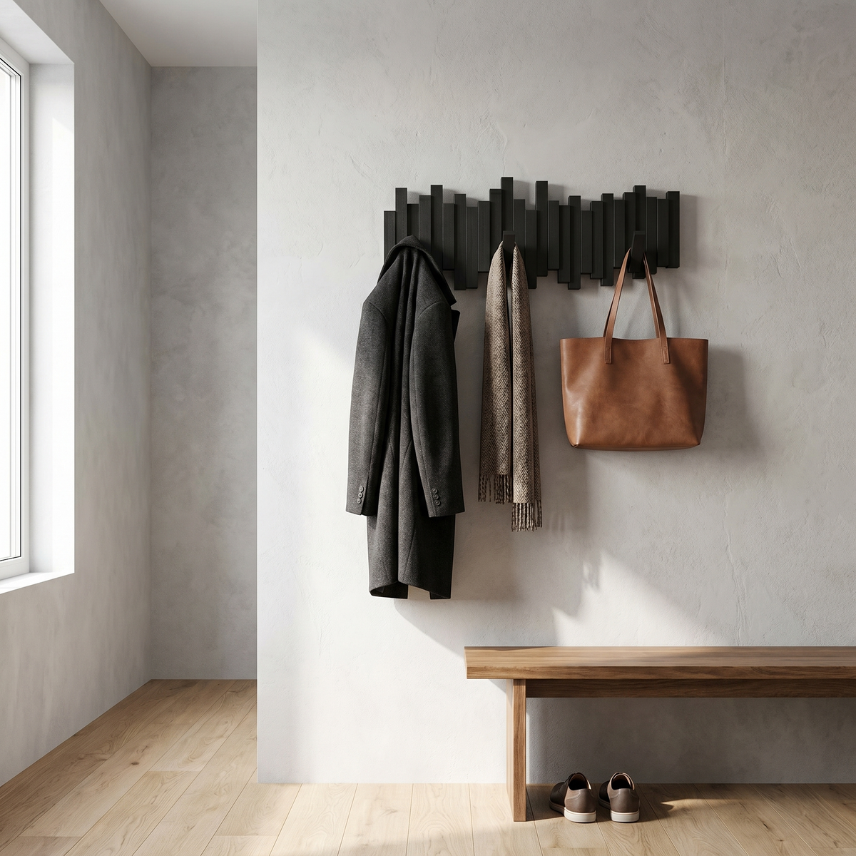 Wooden Wall Coat Rack, Magnetic Foldable Hooks, Keyhole Mount, Four Sizes