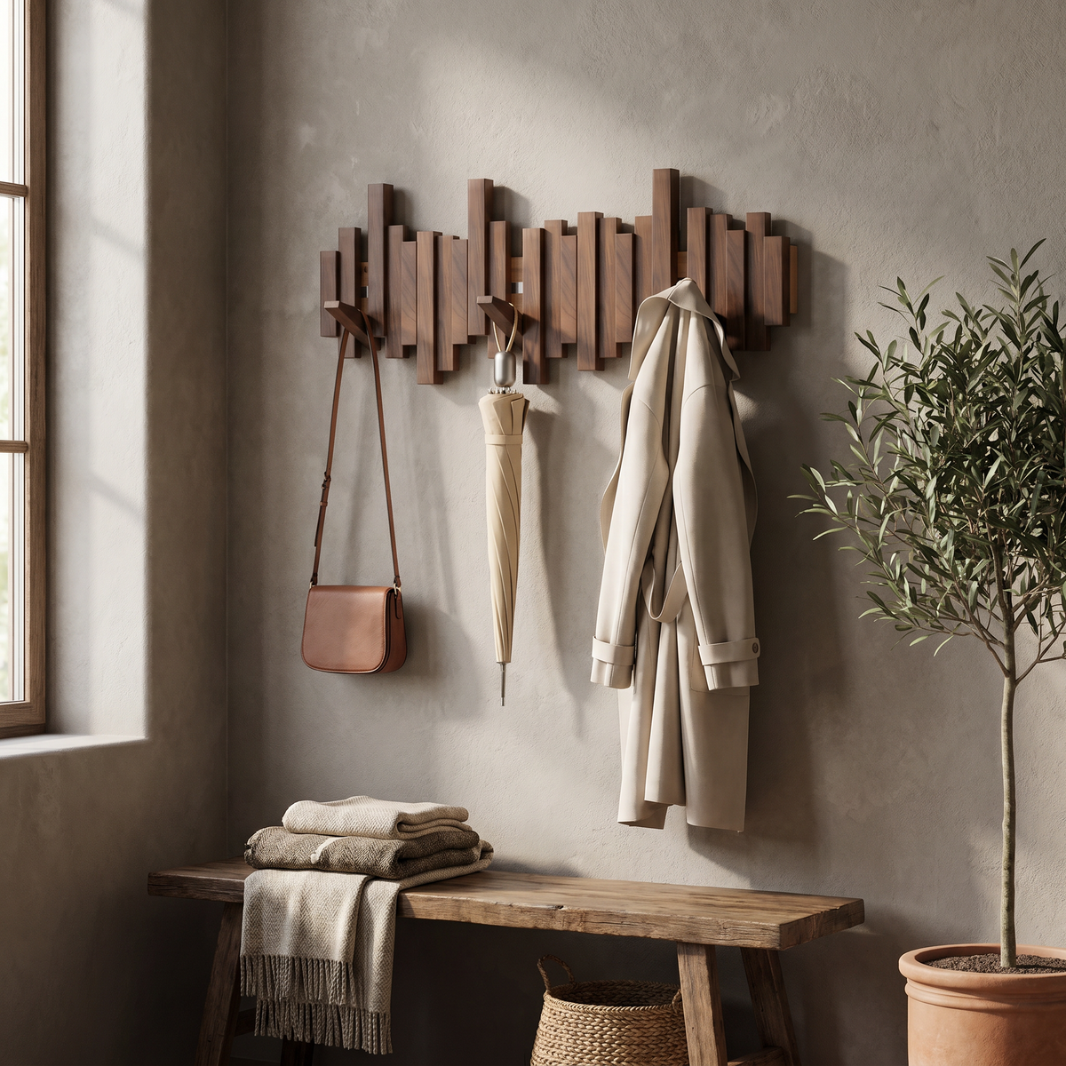 Wooden Wall Coat Rack, Magnetic Foldable Hooks, Keyhole Mount, Four Sizes