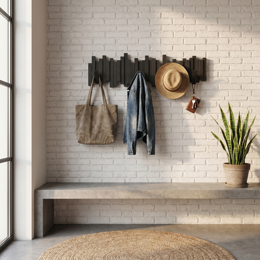 Wooden Wall Coat Rack, Magnetic Foldable Hooks, Keyhole Mount, Four Sizes