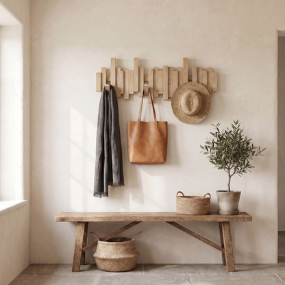 Wooden Wall Coat Rack, Magnetic Foldable Hooks, Keyhole Mount, Four Sizes